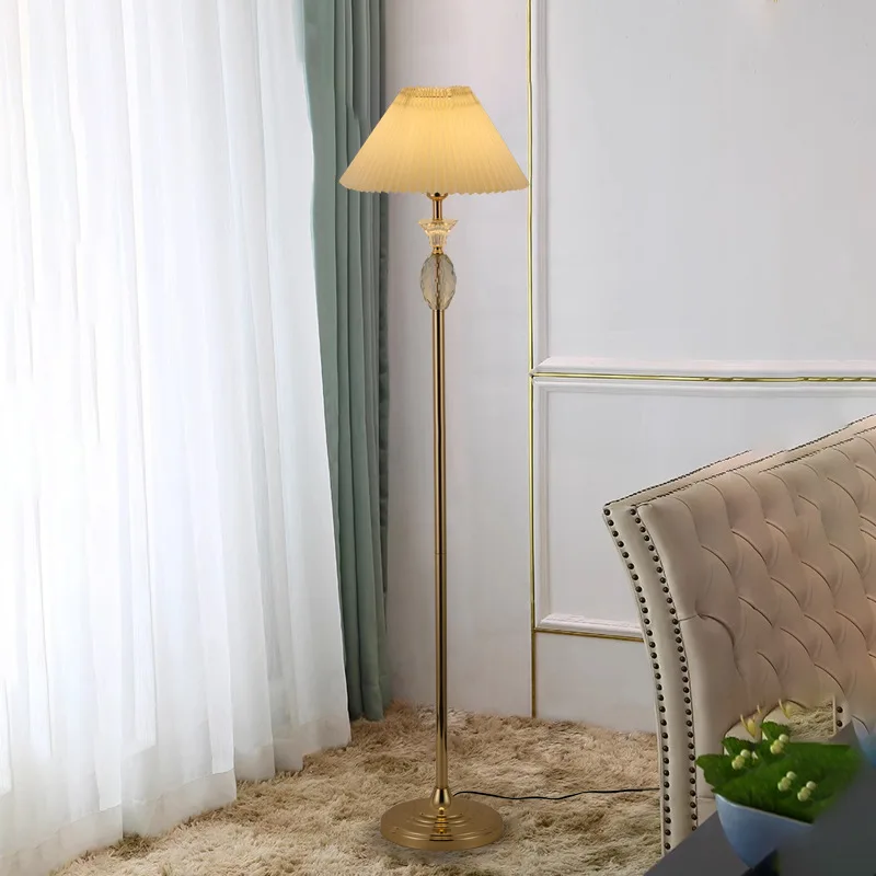 American Style Gold Wrought Iron LED Floor Lamps Pleated Fabric Lampshade Living Room Bedroom Restaurant Office Standing Lights
