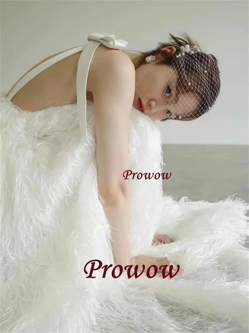 

Prowow Luxury Feather Fluffy Wedding Dresses Customized A Line Korea Photos Shoot Dress Deep V Neck Floor Length Bridal Gowns