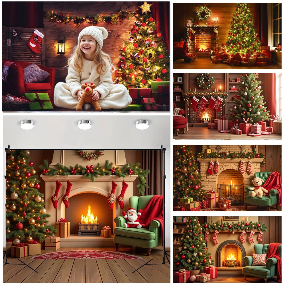 

MOON.QG Christmas Room Decoration Photo Background Fireplace Red Brick Xmas Trees Photography Backdrop Photobooth Party Supplies