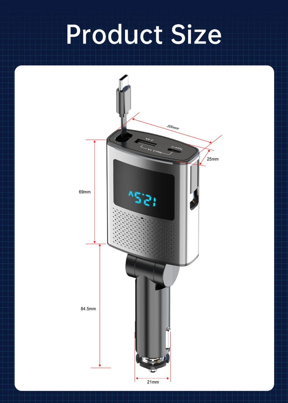 Car Charger Super Fast Charging Telescopic Cable  Suitable for Cigarette Lighter