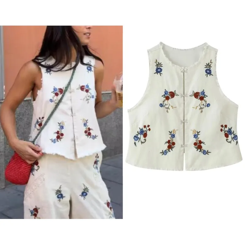 Women's Embroidered Tank Top Summer Round Neck Sleeveless Frayed Trims Tops Fashion Casual  Vintage Female Chic Tops