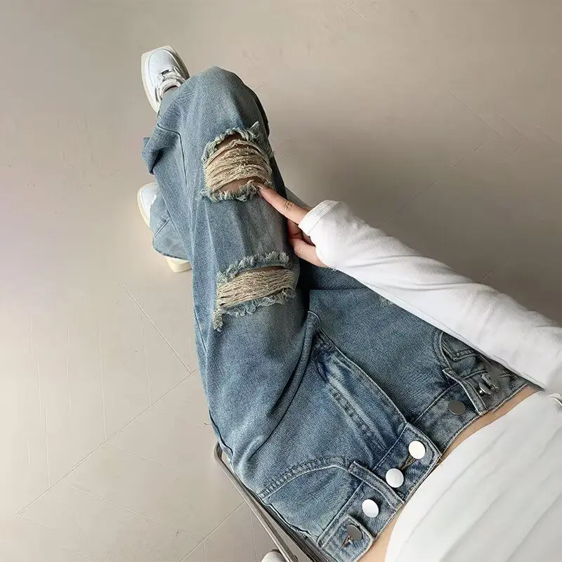 

High Waist Adjustable Straight Leg Jeans Women's Loose Wide Leg Floor Length Pants Slimming Design Casual Cotton Denim