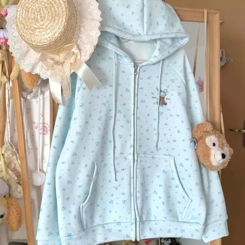 Japanese Cute Pink Floral Lace Hooded Sweatshirt 2025 Spring Autumn New Coat Women Y2k Loose Long Sleeve Zipper Tops Mujer