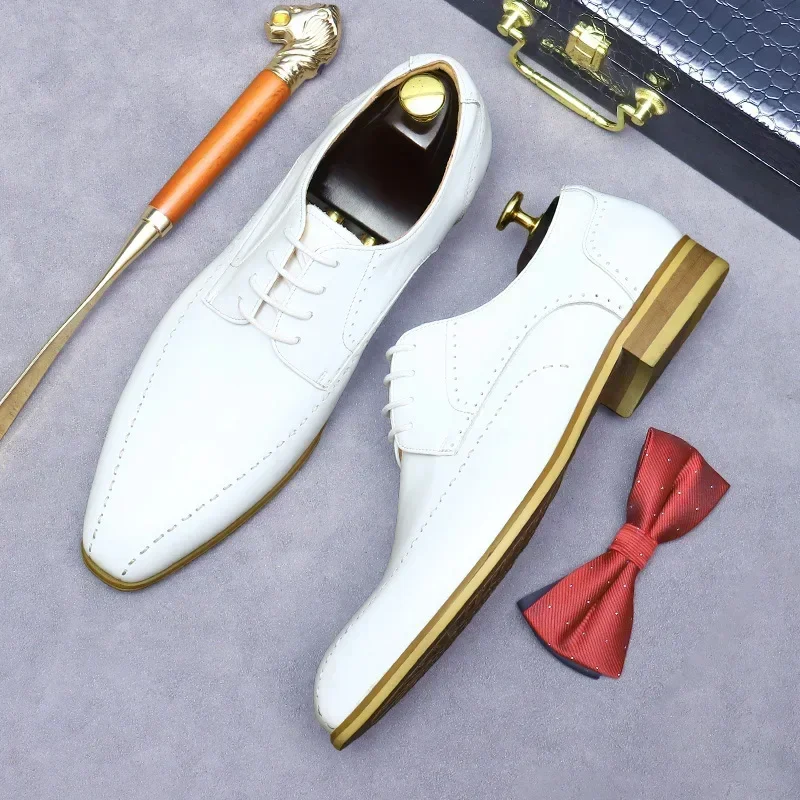 Newest Lace-up Business Office Formal Shoes Genuine Leather Italian Men Shoes White Wedding Dress Oxford Shoes