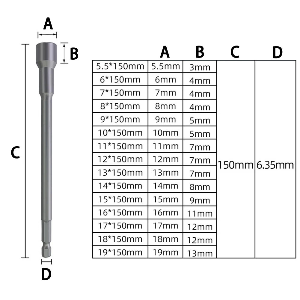 150mm Long 6mm-19mm Hexagon Nut Driver Drill Bit Socket Wrench Extension Sleeve Nozzles Adapter For Pneumatic Electric Screwdriv