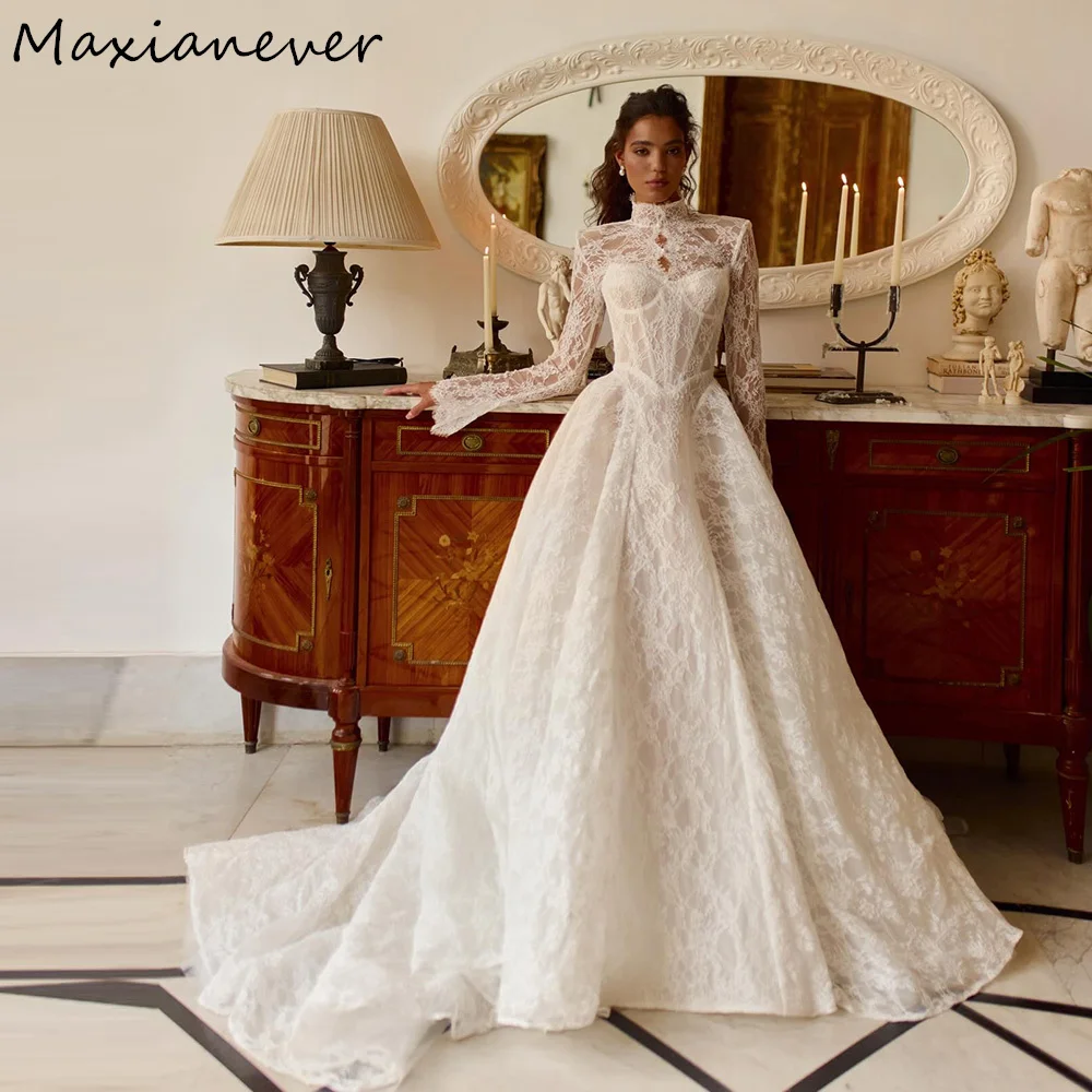 Maxianever Customized Luxury Long Sleeves Lace Wedding Dresses High Neck A-Line Beach Bridal Gowns vestido de novia