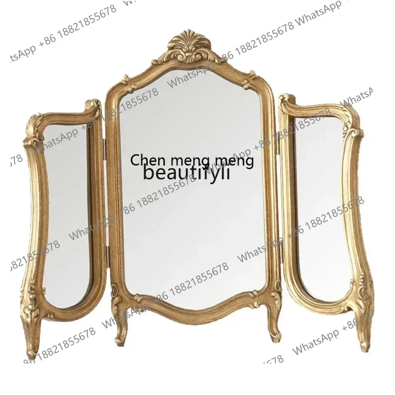 

v European carved 3-fold mirror retro bedroom dressing table antique desktop folding mirror