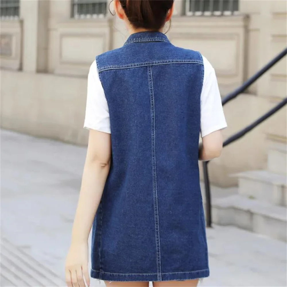 2024 Autumn Women Long Denim Vests Korean Tassel Ripped Sleeveless Jeans Jacket Waistcoat Sleeveless Pocket Outwear Waistcoat