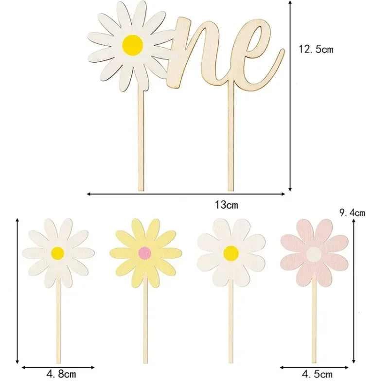 5Pcs/Set 1st Happy Birthday Cake Topper Wooden Little Daisy Sunflower Dessert Cupcake Insertion Boys Girls Birthday Party Decor