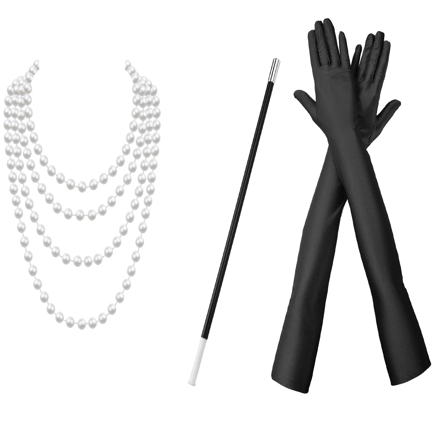 3PCS 1920s Flapper Dress Accessories Retro Party Props GATSBY CHARLESTON Pearl Necklace Long Smoke Rod Glove Set