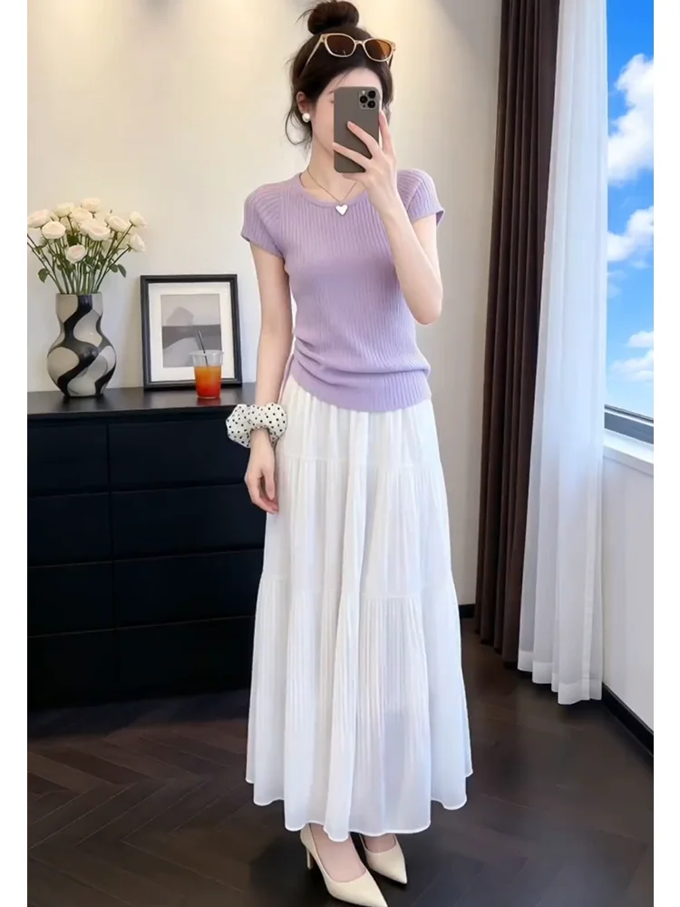 

Casual Knitted Purple Short Sleeve T-Shirt And High Waist Skirt Set for Women Breathable Summer Fashion Ensemble round Neck