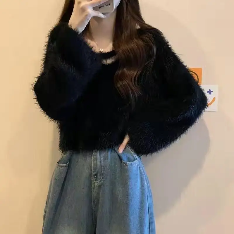 Soft Imitation Mink Fur Sweater Women\'s Knitted Sweater for Autumn Winter 2024 New Design Sense Loose and Short Style Pullovers