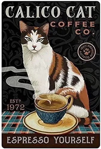 Cat Coffee Retro Style Metal Tin Sign, Calico Cat Coffee Co Retro Style, Wall Art Decor Metal Sign