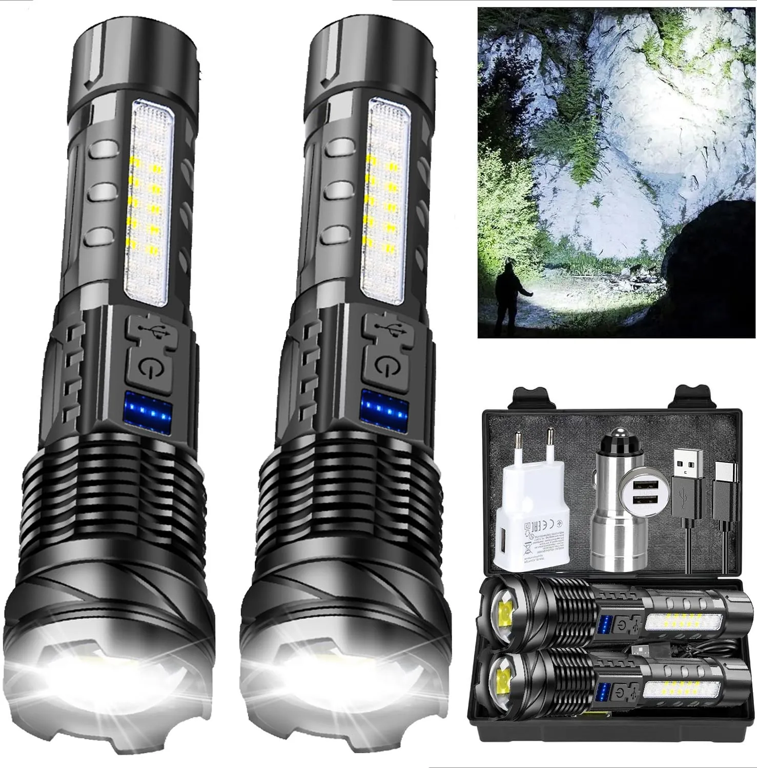 Leistungsstarke LED-Taschenlampe Typ C, wiederaufladbar, wasserdicht, Taschenlampe mit Seitenlicht, 7 Modi, zoombare Lampe für Camping, Angeln, Laterne
