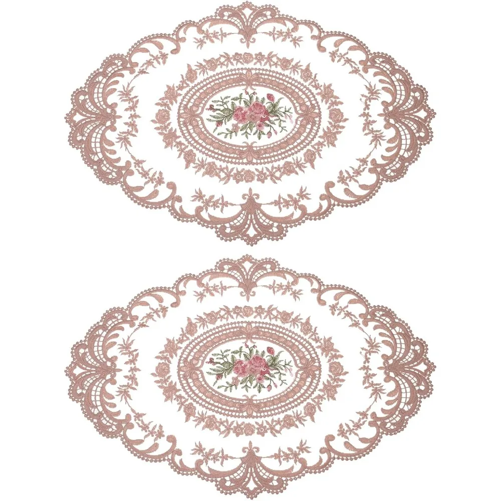 

2-Piece Vintage Lace Placemats, 12x16 Inch Oval Embroidered Placemats, French Crochet Tablecloth, Coasters
