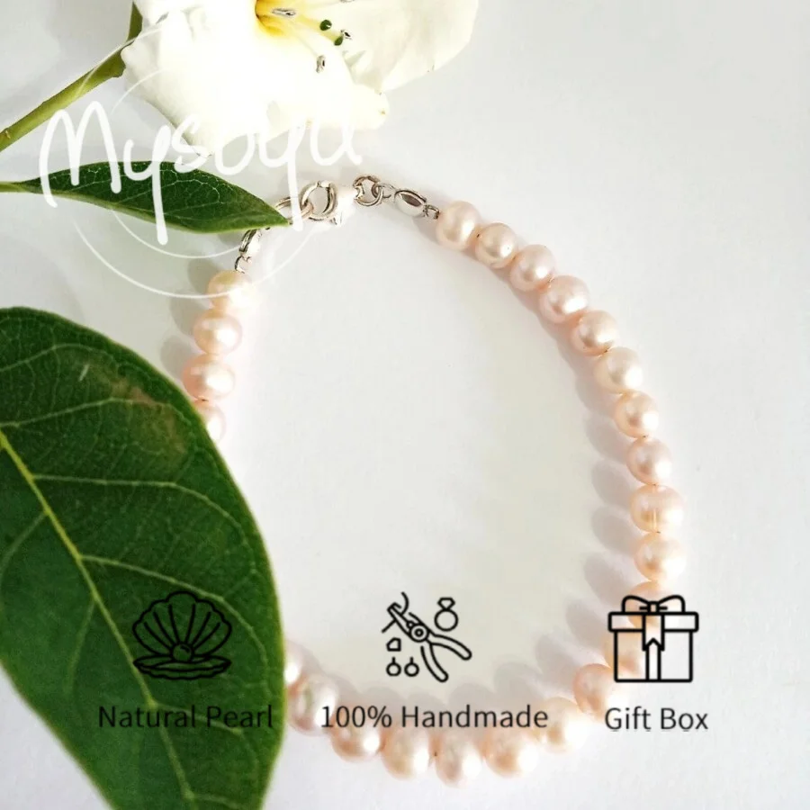 

MYSOYA 5-6 мм браслет из натурального розового пресноводного жемчуга для женщин и мужчин с подарочной коробкой, ювелирное изделие на день рождения, свадьбу, годовщину, подарок
