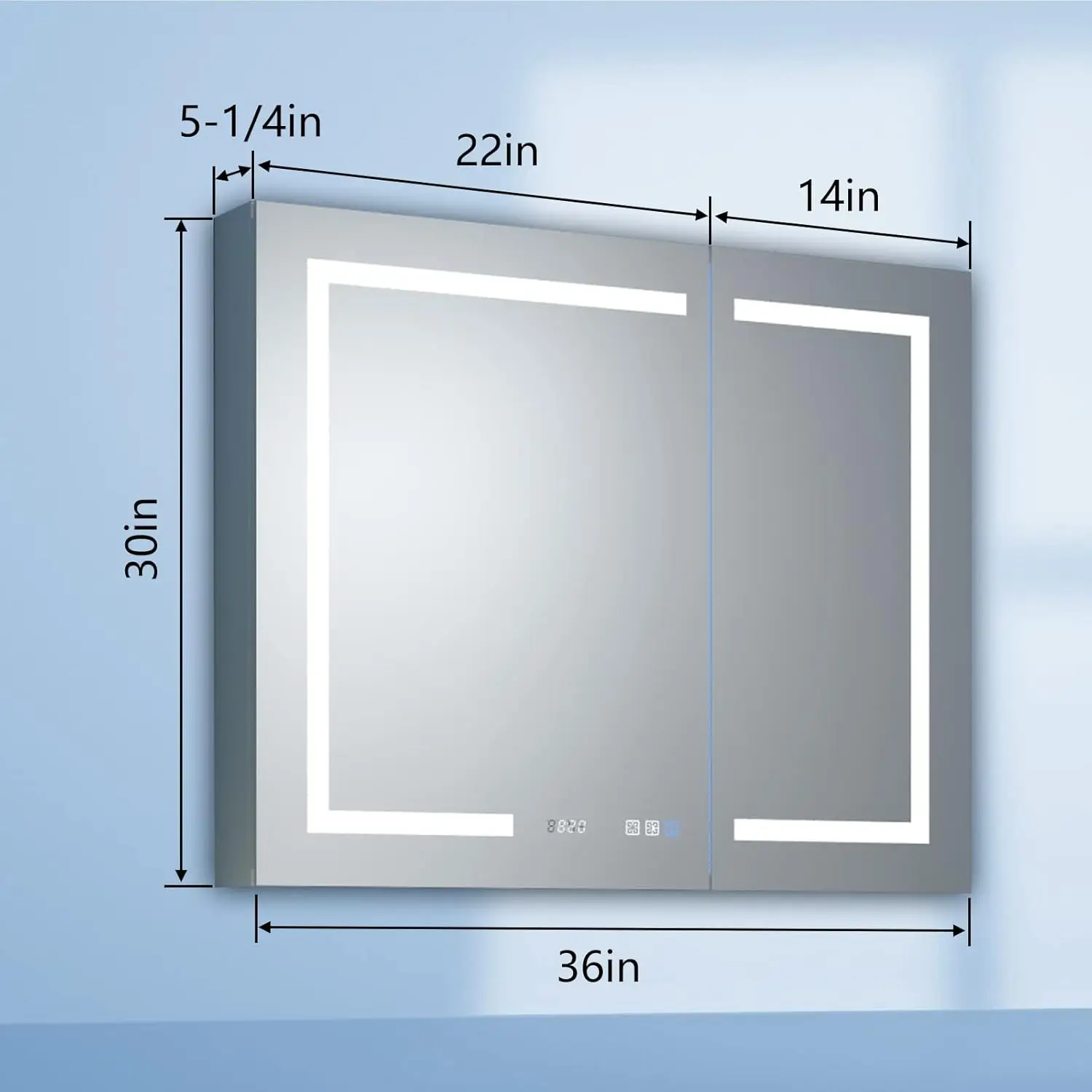 Lighted Bathroom Medicine Cabinet with Mirror, 36 x 30 Inch, Recessed or Surface led Medicine Cabinet, Clock, Room Temp Display