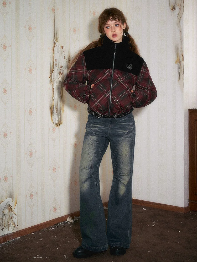 

RRONV American Retro Plaid Splicing Jaet Mid-Length Women's Outerwear Loose Thi Warm Cotton Coat Korean Sle Straight Tube