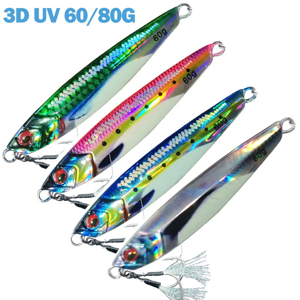 60G80G Metal Jig 3D UV Drag Cast Shore Jigging Saltwater Fishing Trout Lure Bass Spoon Bait Jigpara Tuna Lures For Mahi Wahoo