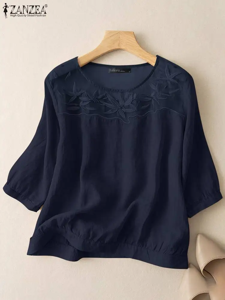 

Summer Mesh Patchwork Tops ZANZEA Women O Neck 3/4 Sleeve Blouse Casual Loose Floral Embroidery Shirt Female Work Blusas Mujer