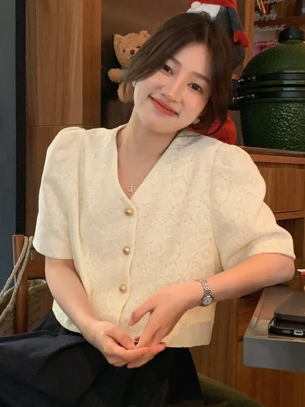 

Новинка лета, женская верхняя одежда с кружевными крючками и v-образным вырезом, мягкий, нежный ветер, универсальный ор-топ с небольшим Fraance