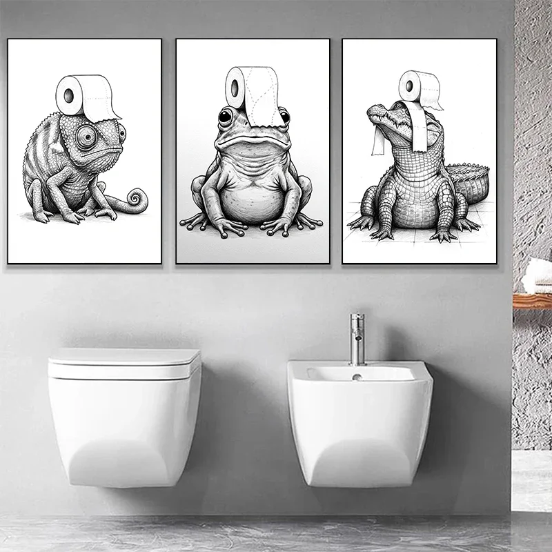 1pc frameless canvas painting 1pc frameless Abstract Black White Sketch Animal with Toilet Paper Bathroom Poster Frog Kangaroo C