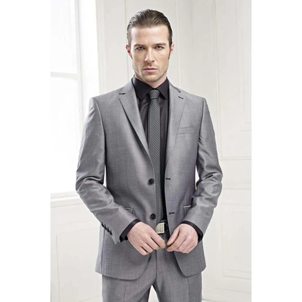 Formal Gray Men\'s 2 Pieces Suit Two Buttons Suit Notch Lapel Jacket and Trousers Two Pieces Suit Set for Wedding Business