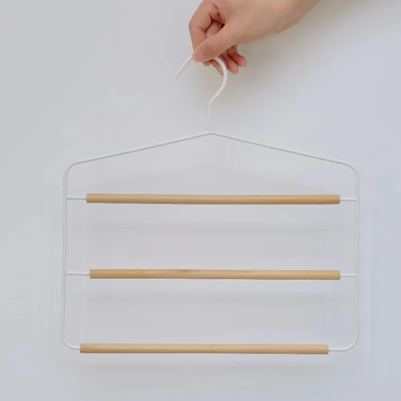 Premium non-slip grip wooden three-layer multi-layer space-saving hanger luxury wardrobe storage set