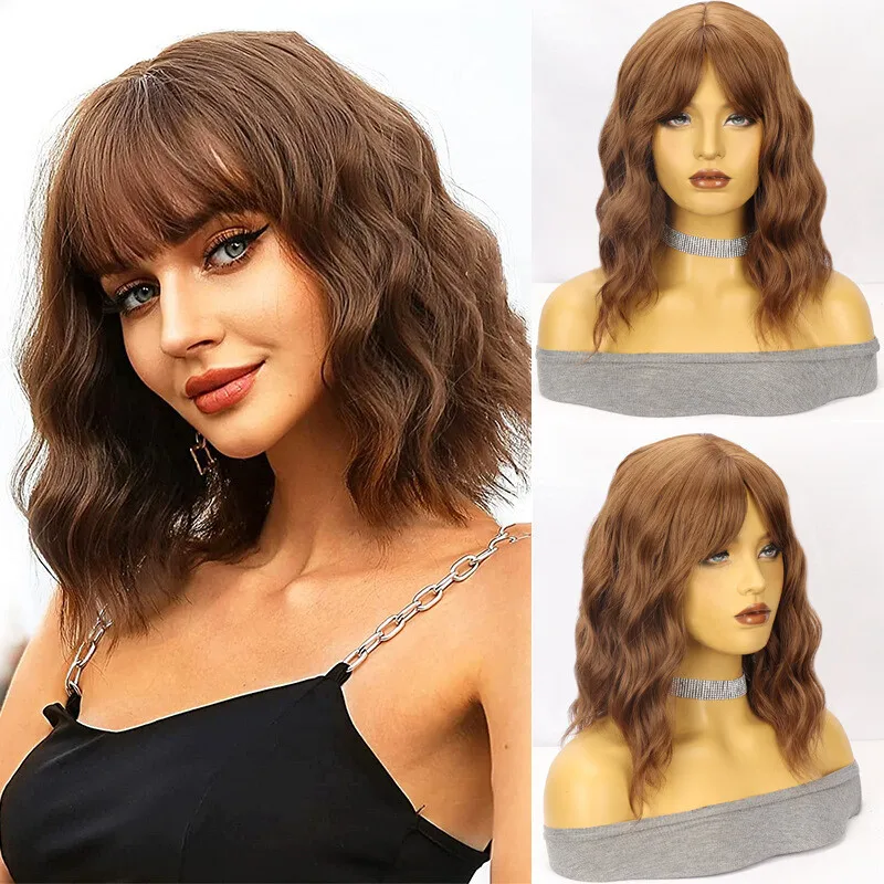 

Women's Wig Long Bangs Mixed Brown Wavy Curly Wigs Ladies Hair Wigs+Wig Cap