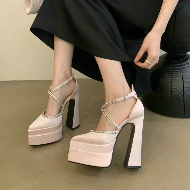 Summer 2025 New Fashion Platform Thick Heels Pointed Satin Pumps Women's Single Shoes