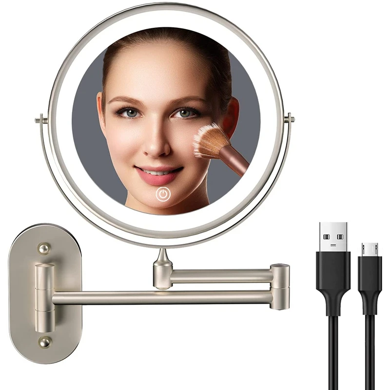 

Rechargeable Wall Mounted Lighted Makeup Vanity Mirror 8 Inch Double Sided 1X 10X Magnifying Bathroom Mirror