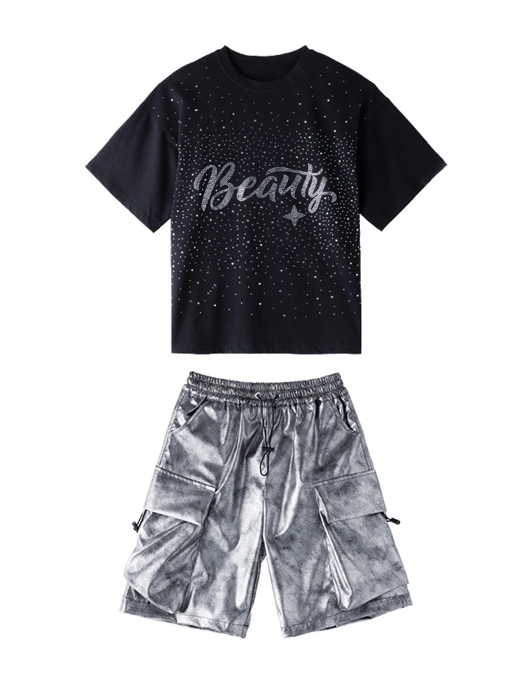 Kids Boys Hip Hop Dance Outfits Sequin Black T Shirt Silver Shorts Summer Girls Drum Locking Jazz Performance Costumes BL16454
