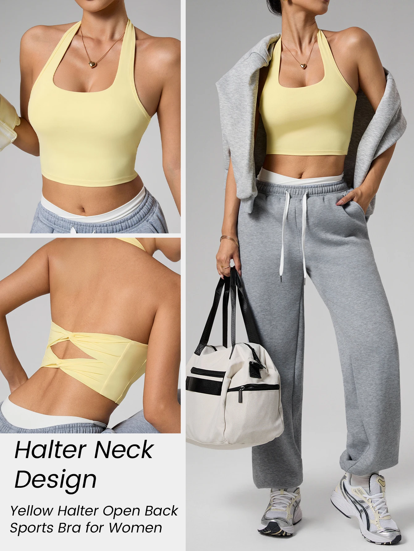 Women's Double Bowknot Halter Yoga Tank Top Plunging Open Back Built-in Cups High Support for Gym Daily