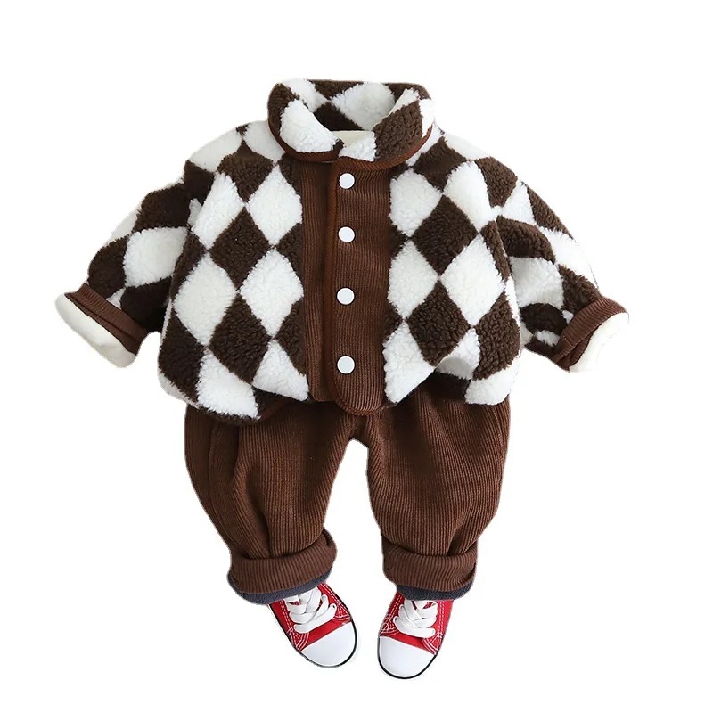 Winter Baby Boys Girls Clothing Sets Children Rhombic Lattice Thickened Plush Coats Pants Kids Tracksuit Infant Clothes Outfits