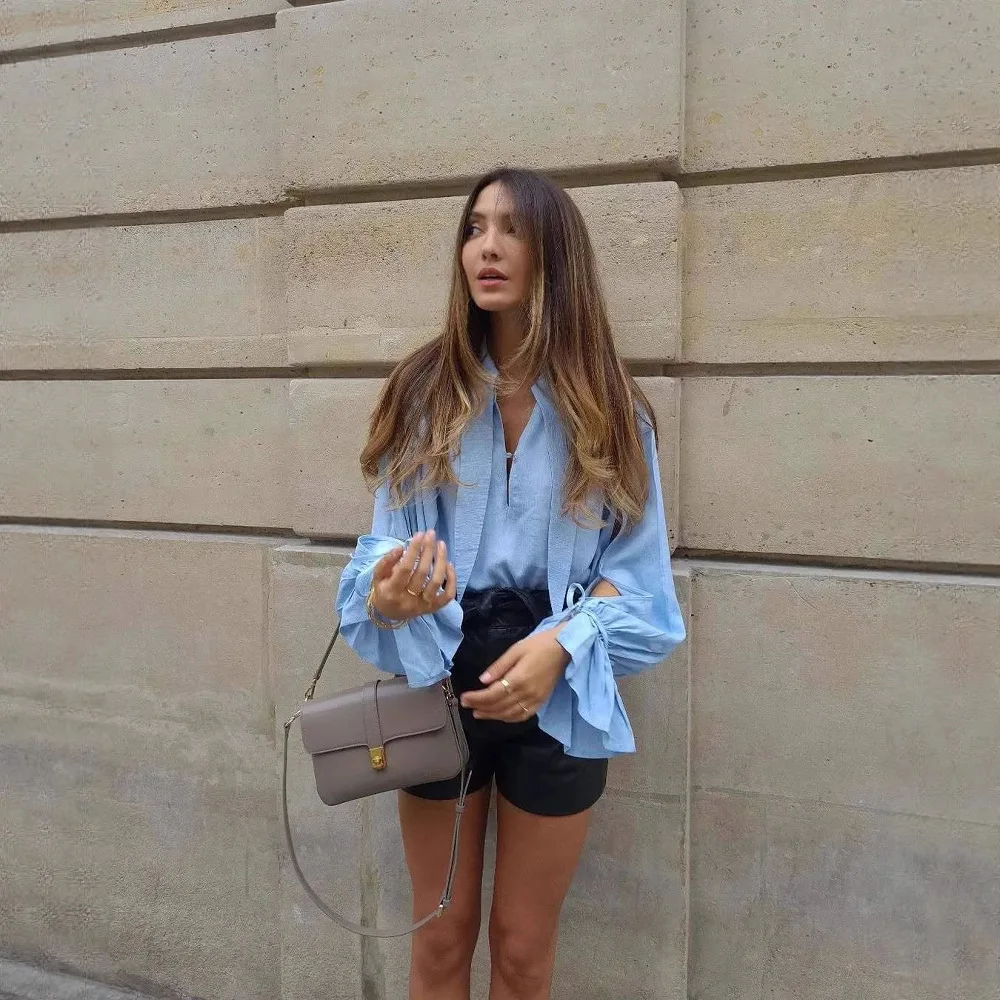 Summer Long Sve Casual irt Loose Fit Pure Color Turn-down Collar Women's Street Sle Faion Button up Top