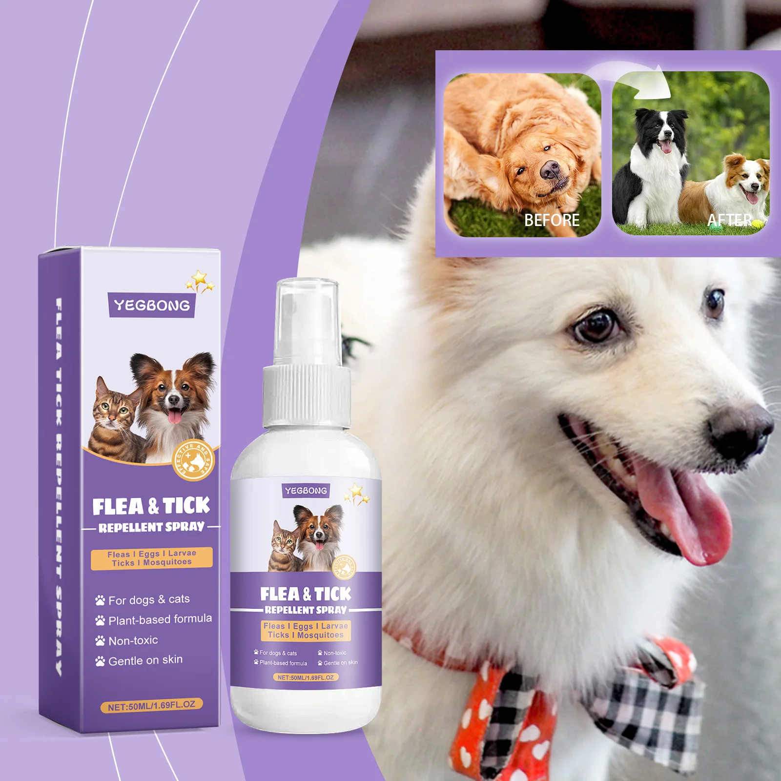 Spray Repelente de Pulgas y Garrapatas para Mascotas, Impermeable, Limpia el Pelaje, Alivia la Picazón en la Piel, Elimina Ácaros y Piojos, Spray para Insectos Externos para Perros y Gatos, 50 ml