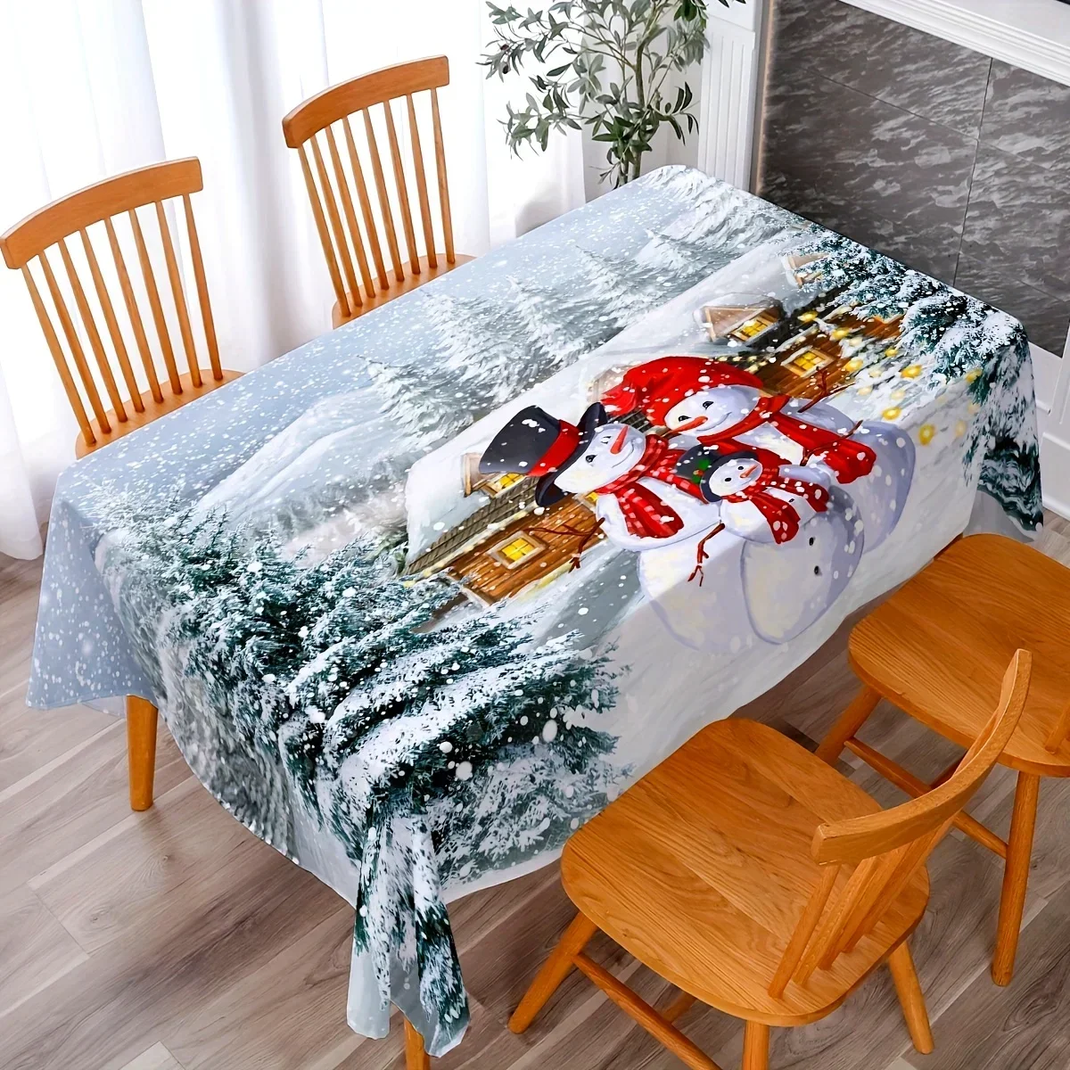 Christmas White Snowman Pattern Rectangle Tablecloth Table Decor Waterproof Tablecloth for Table Christmas Party Decorations