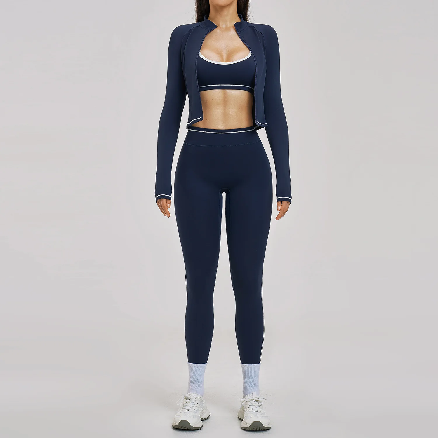Yoga Set 3PCS Women Sportswear Workout Clothes Athletic Wear Gym Tracksuit Legging Fitness Bra Crop Top Long Sleeve Sports Suits