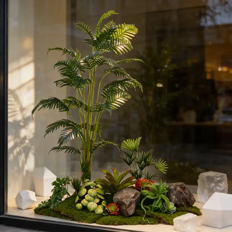 DKB Cheap Indoor Decor Simulation Jungle Plam Tree Green Monstera Bonsai Plastic Fake Potted Plant Artificial Areca Palm Tree