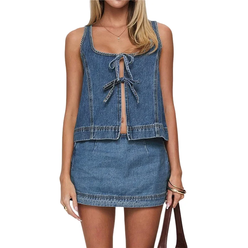 

ASDS-Women's 2 Piece Denim Outfits Tie Up Sleeveless Top Shorts Set Tracksuit Y2k Two Piece Jeans Set Vacation Outfits