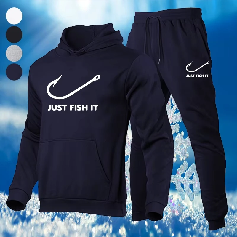 Męski komplet dresowy na jesień i zimę: bluza z kapturem z polaru + spodnie dresowe, luźny strój sportowy, 2-częściowy dres.