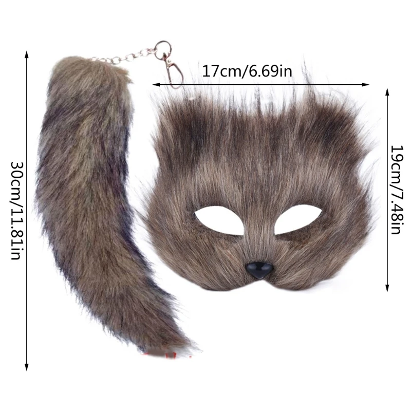 Therian Maschera Coda per Donne Ragazze Gatti Fuzzy Volpi Maschera Coda Portachiavi Cosplay Costume Halloween