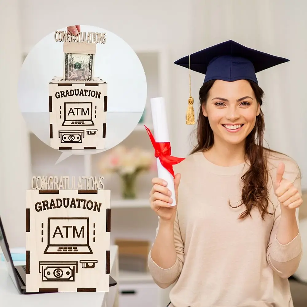 Caja de regalo de dinero de graduación de madera, diseño ATM, fiesta de graduación, caja de regalo con dibujo en efectivo, celebraciones de graduación