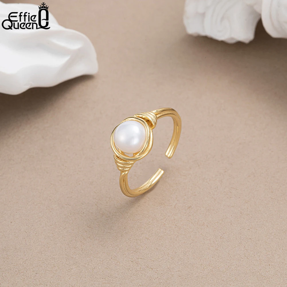 Effie Queen Real 925 Sterling Silver Cultured Freashwater Pearl Rings for Women Fashion Butterfly 4A CZ Open Rings Jewelry GPR15