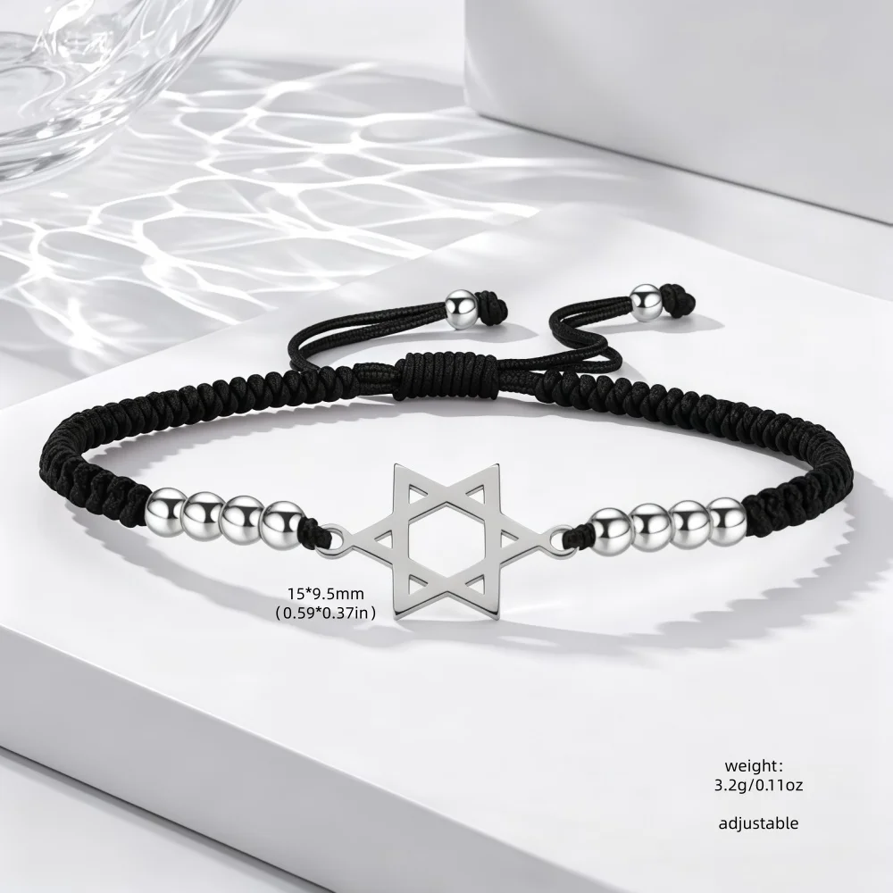 Adjustable Black red Braided Cord Bracelet 18K Gold Plated Stainless Steel Star Of David Beaded Wrist Chain Jewish Protection Am