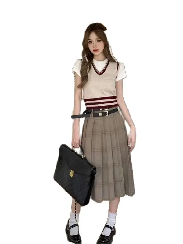 Korea Vintage Long Plaid Skirt Women High Waist A-line Fashion Preppy Midi Pleated Skirt School Uniform
