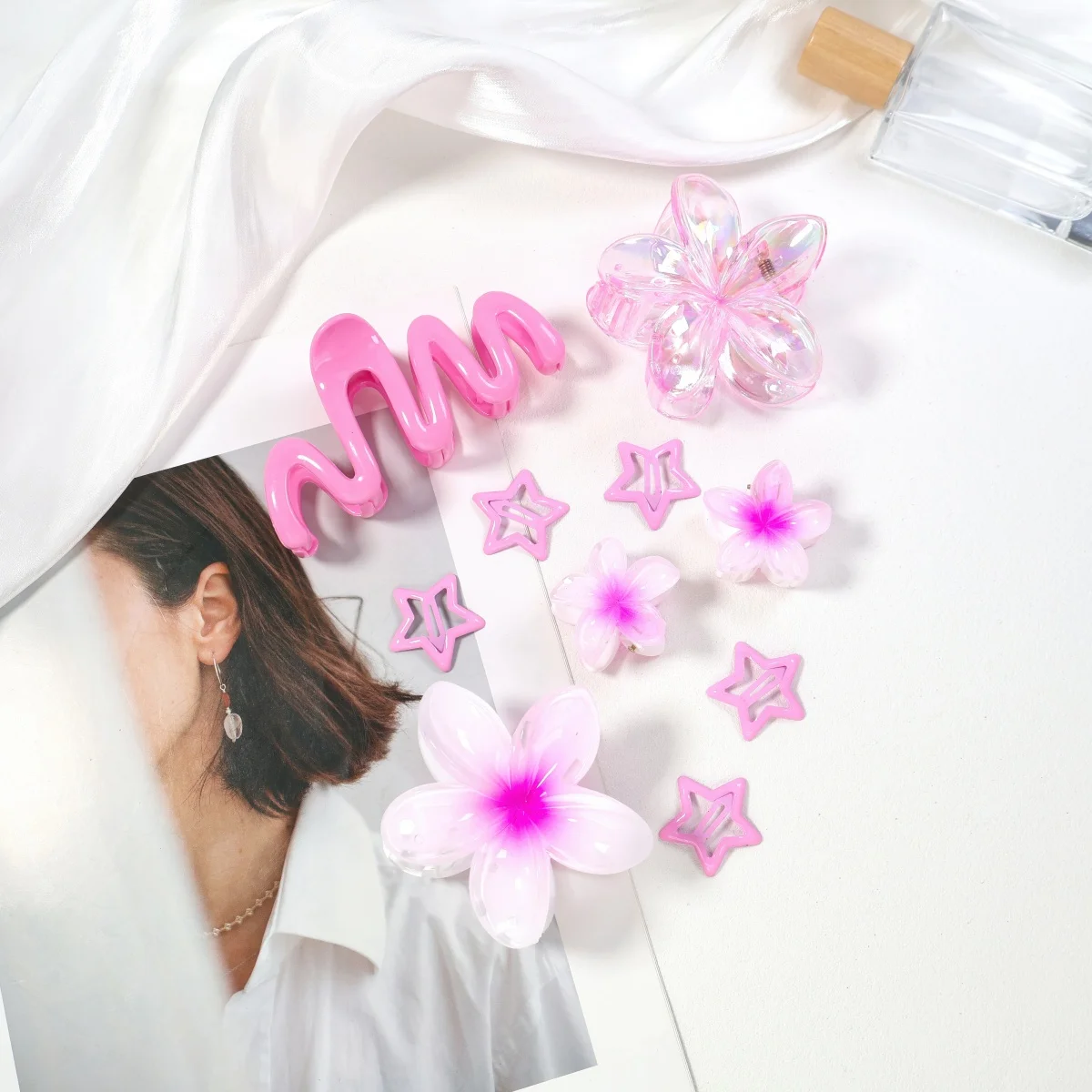 

10pcs Must - have Hair Decoration Set: Elegant Wave Claw Clip, Sweet Flower - style Clips and Cute Star Hair Clips for Girls