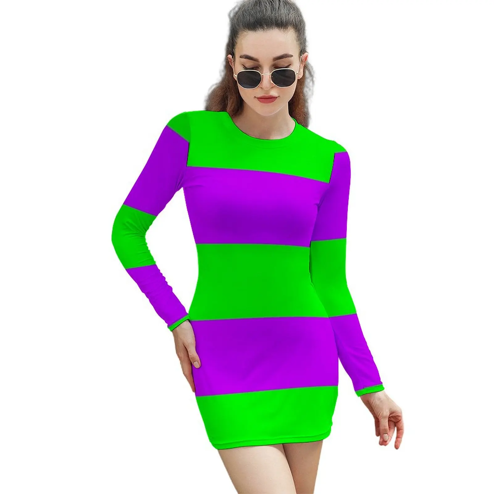 

Neon Green & Purple Wide Horizontal Stripes #1 Long-Sleeved Sheath Dress party dresses woman Casual dresses cocktail dresses