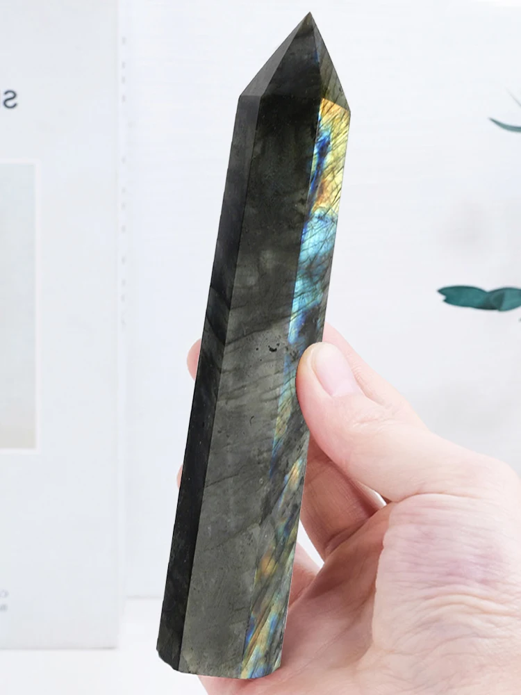 Natural Labradorite Crystal Obelisk Tower Point 6 Faceted Large Wand 8-17cm Aurora Flash Iridescent Labradorescence Hand Polished Dreamlike High Figurine Home Decor Desk Ornament Office Decor Room Decor Bedroom Decor Table Centerpiece Collectible Specimen view 6