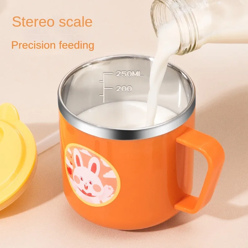 304 Cartoon Double Baby Drinking Straw Cup Stainless Steel Children's Milk Cup With Scale Mouth Cup
